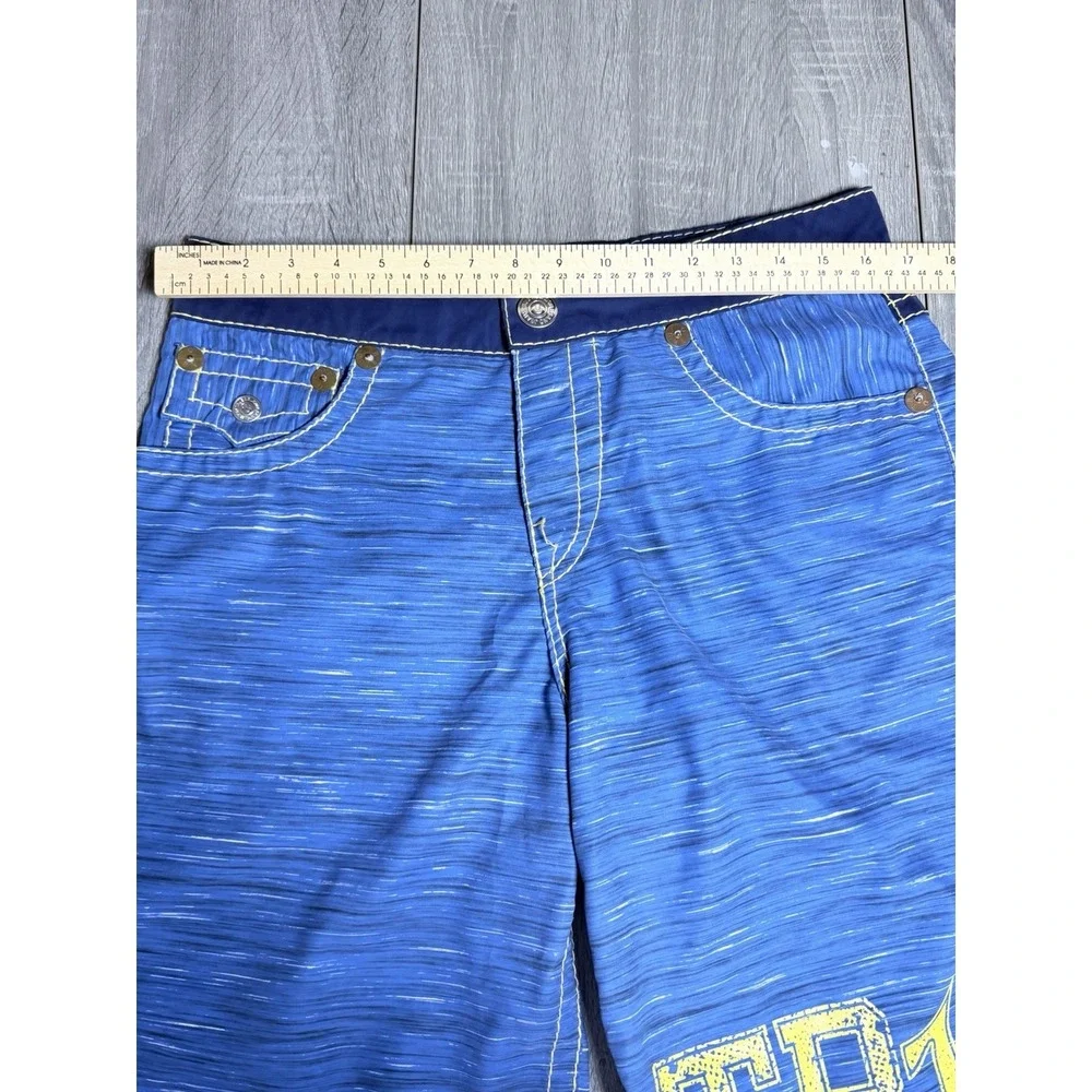 True Religion Blue Yellow Stitch Horseshoe Flap Pocket Board Swim Shorts 32